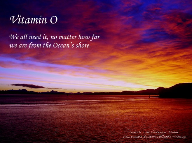 Vitamin O. Where are you as you read this? Are you far from the Ocean's shore or feeling her waves below your feet? It doesn't matter. We are ALL part Ocean from the oxygen in our lungs (50%+); to the fluid in our veins; and many of the nutrients that build us. Our connection to the Ocean is the great common denominator of life on this blue planet. Healing, climate regulating, carbon dioxide buffering . . . life sustaining. Share the Vitamin, especially to our friends further inland? Increased awareness of the importance of the Ocean and celebrating our connection to it . . . why, it could change the world. Acknowledging how little we know, inspired by the mystery and beauty; embracing the appropriate humility and precaution in our daily actions . . . caring more, consuming less, voting for the future . . . . knowing the vital importance of Vitamin O. ©2015 Jackie Hildering; #OceanVoice; www.TheMarineDetective.ca